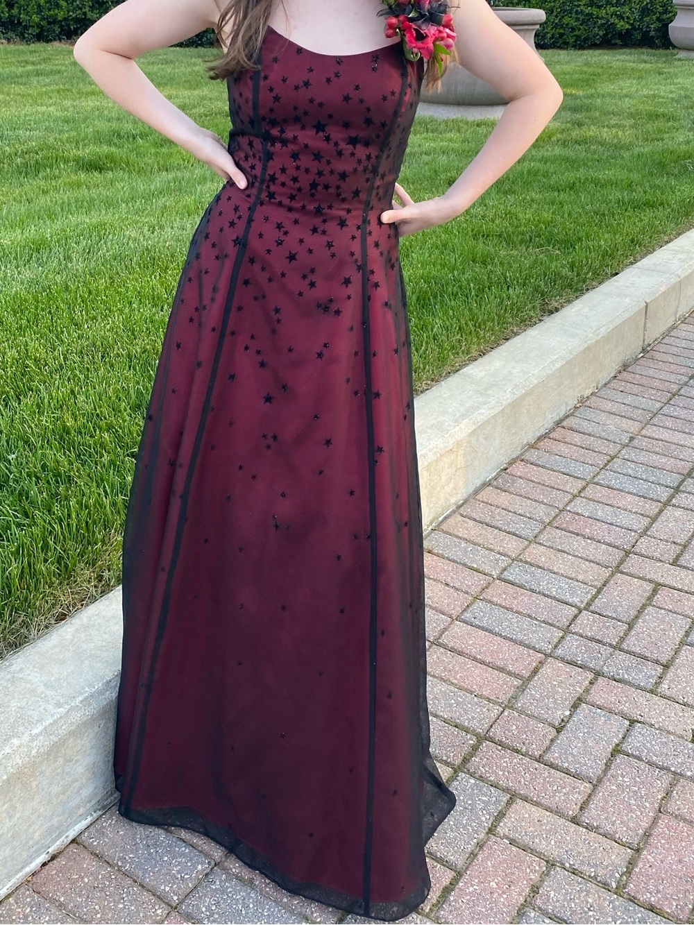 Burgundy Star-Embellished Prom Gown with Sheer Overlay